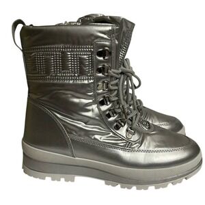 Metallic Quilted Puffer Snow Boots Faux Fur Lined Lace Up Side Zip EUC 37/US 6.5